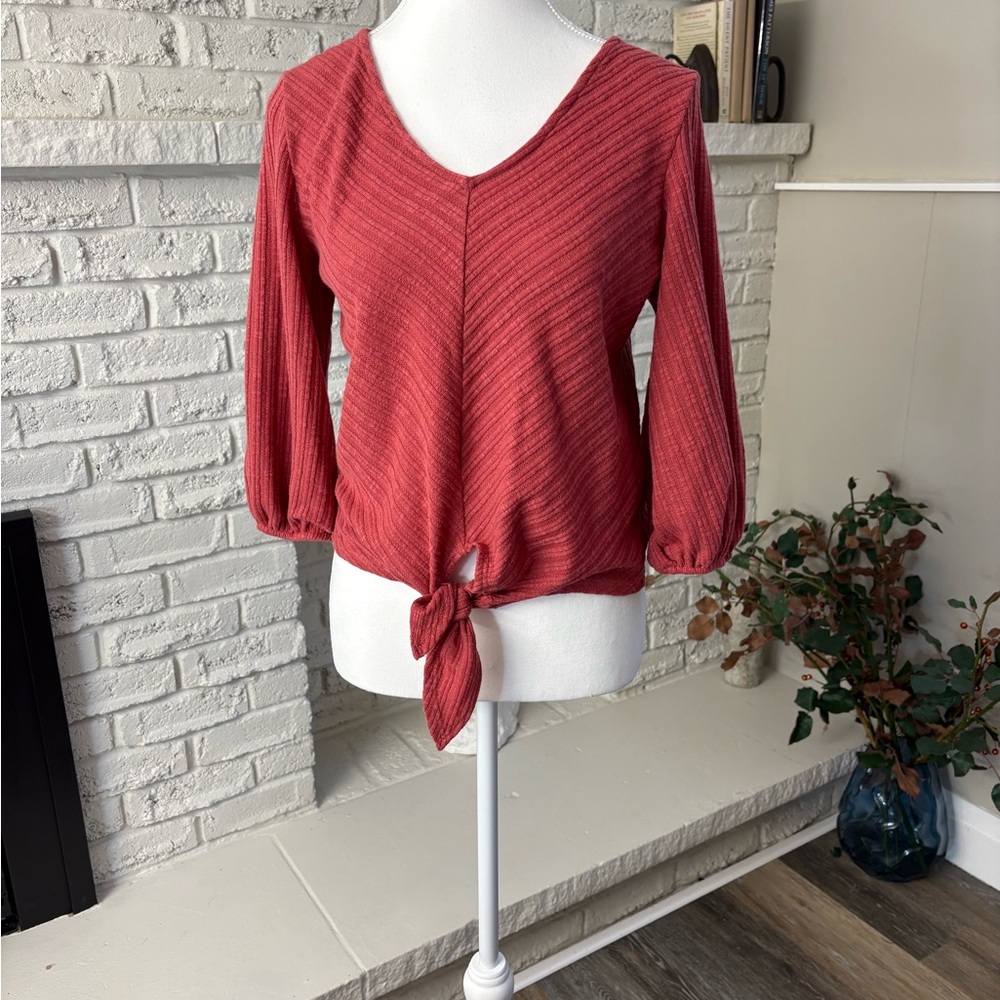 W5 Boho Rust Ribbed Tie Front 3/4 Balloon Sleeve Top M